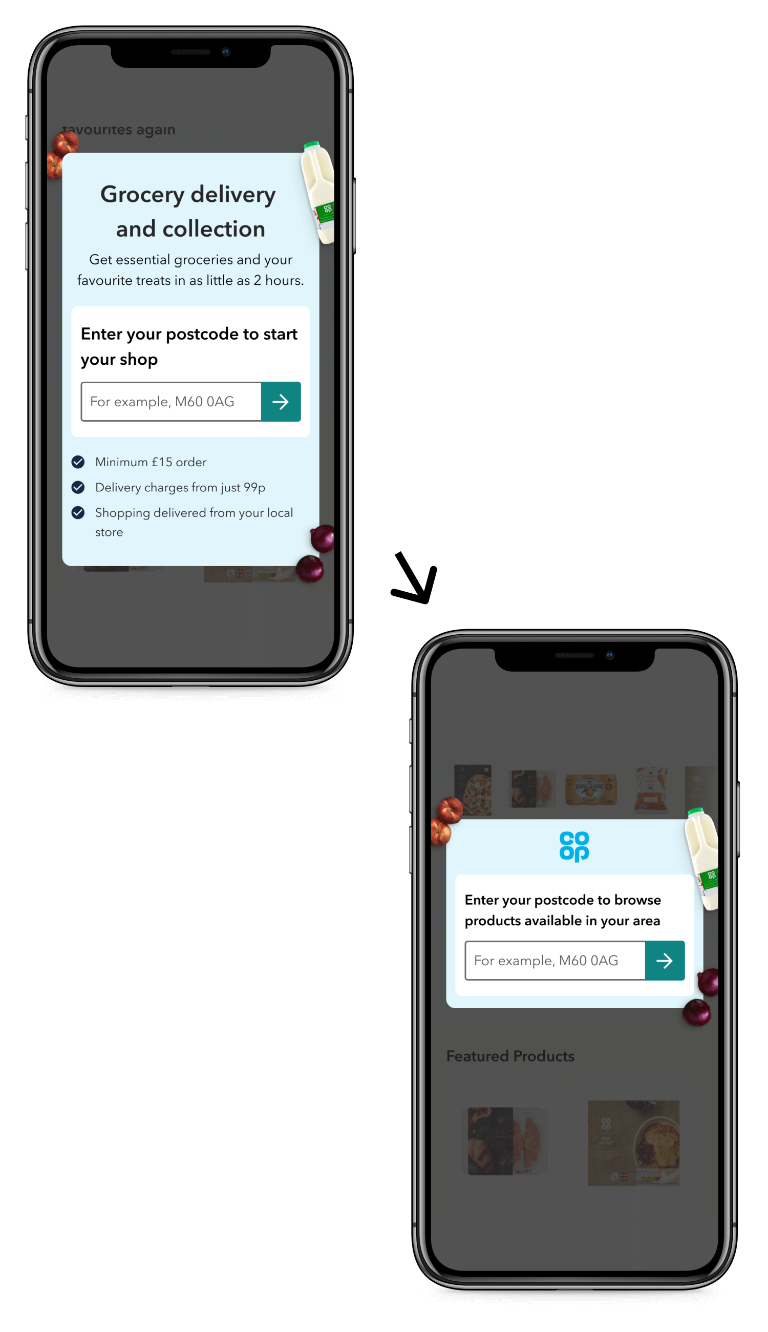 Image showing 2 mobile screens, first showing the before with the homepage and the after showing a new modal