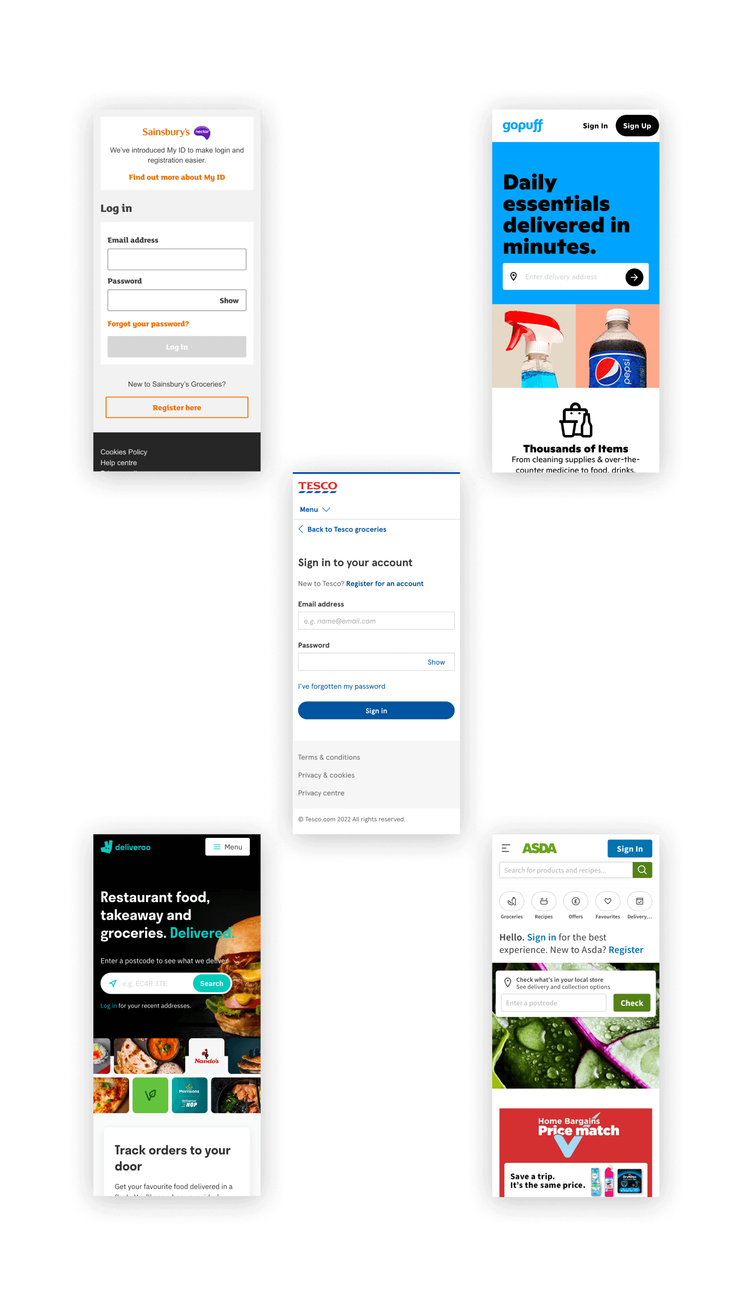 Image showing screenshots of Tesco, Asda, Sainsburys, Deliveroo and Gopuff.